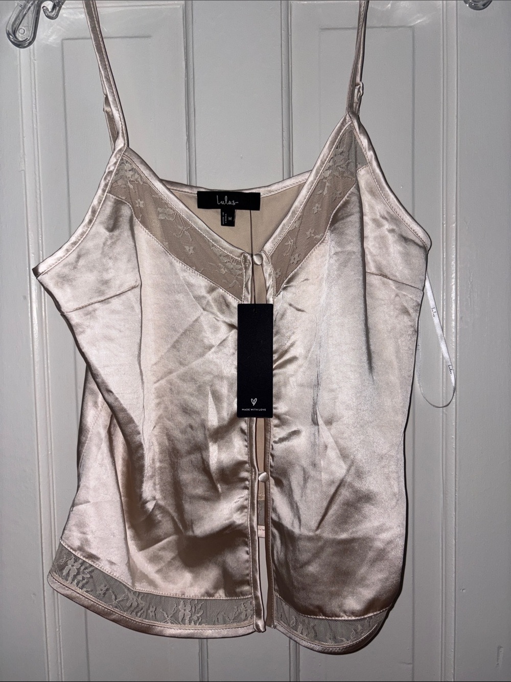Lulu's Champagne Satin Lace-Trim Cami